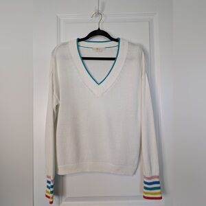 Boden White V-Neck Sweater with Rainbow Cuffs